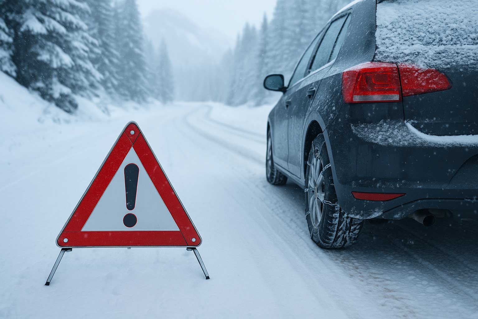 winterurlaub-auto-checkliste Auto in winterlichen Verhältnissen. Links daneben ein Straßenschild mit einem Rufzeichen.